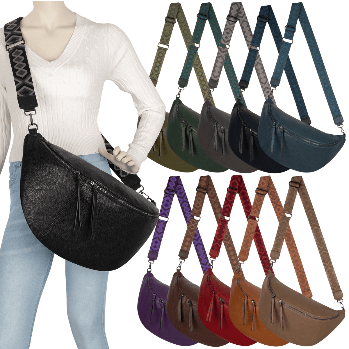 Bauchtasche XXL Umhängetasche Crossbody-Bag Hüfttasche Kunstleder Italy-Design