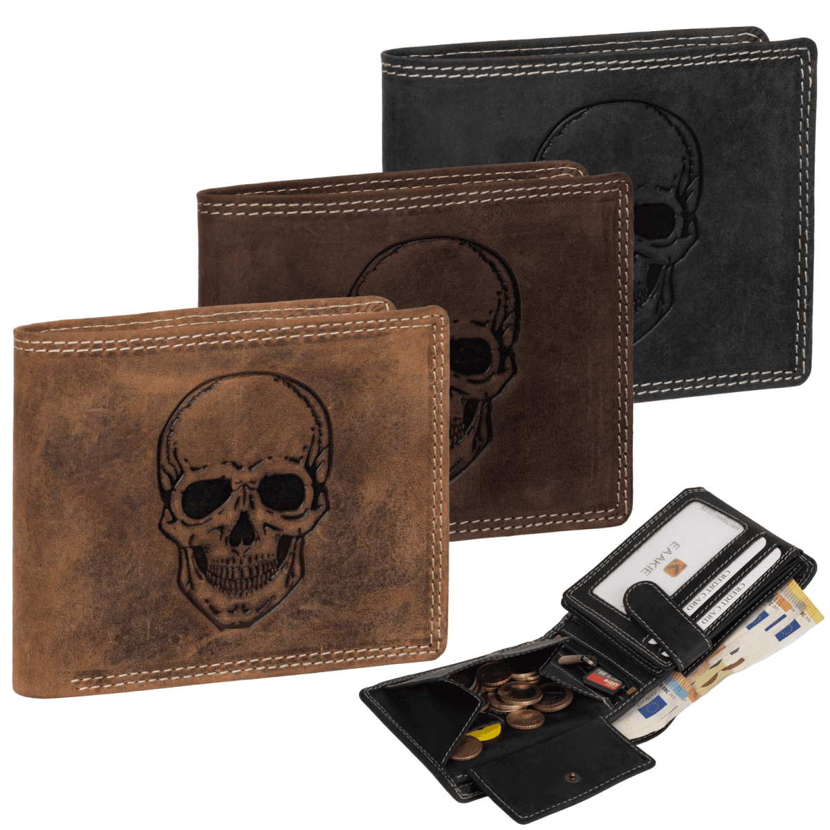 RFID Büffel Echt Leder Geldbörse Portemonnaie Herren mit geprägtem Motiv Querformat Totenkopf