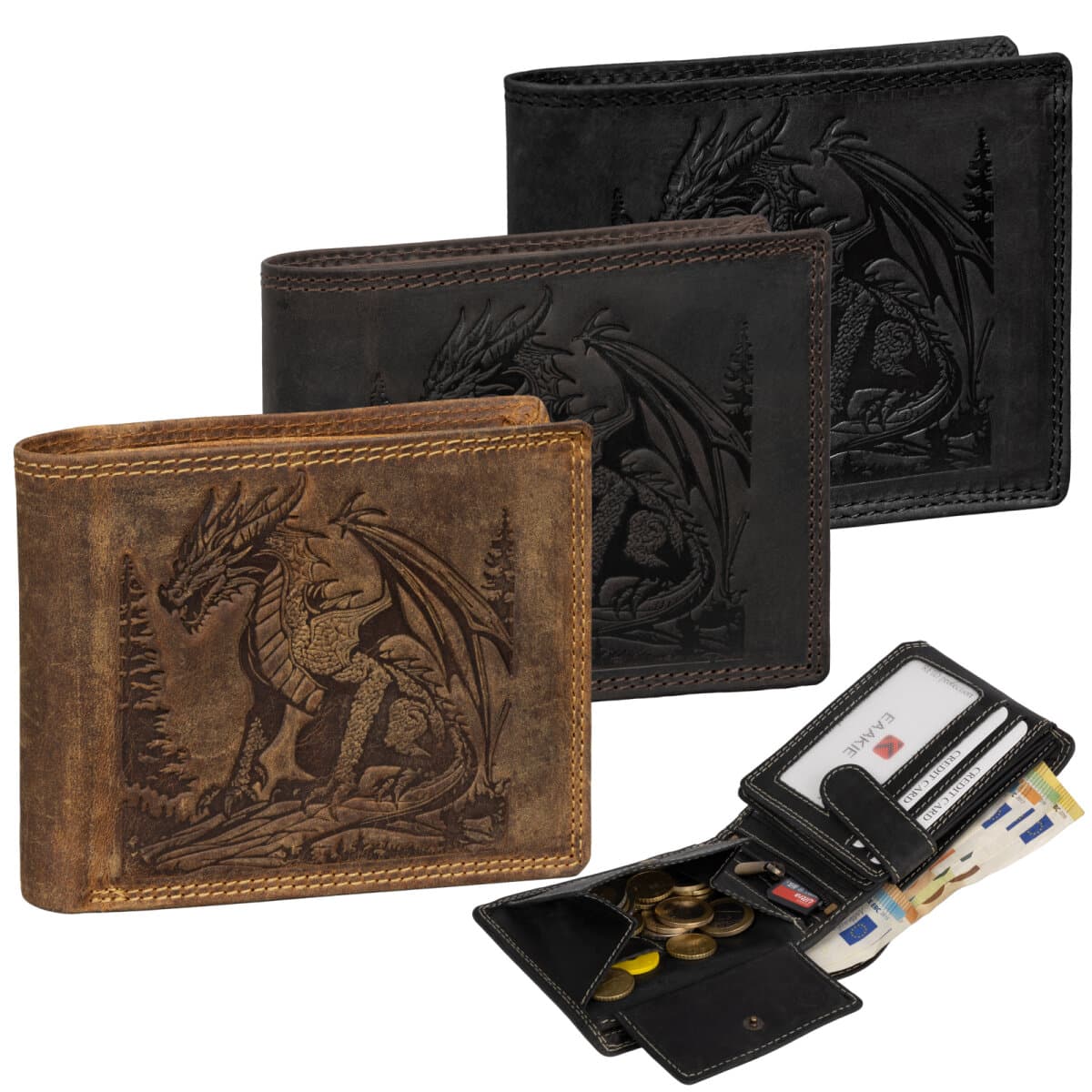 RFID Büffel Echt Leder Geldbörse Portemonnaie Herren mit geprägtem Motiv Querformat Dragon
