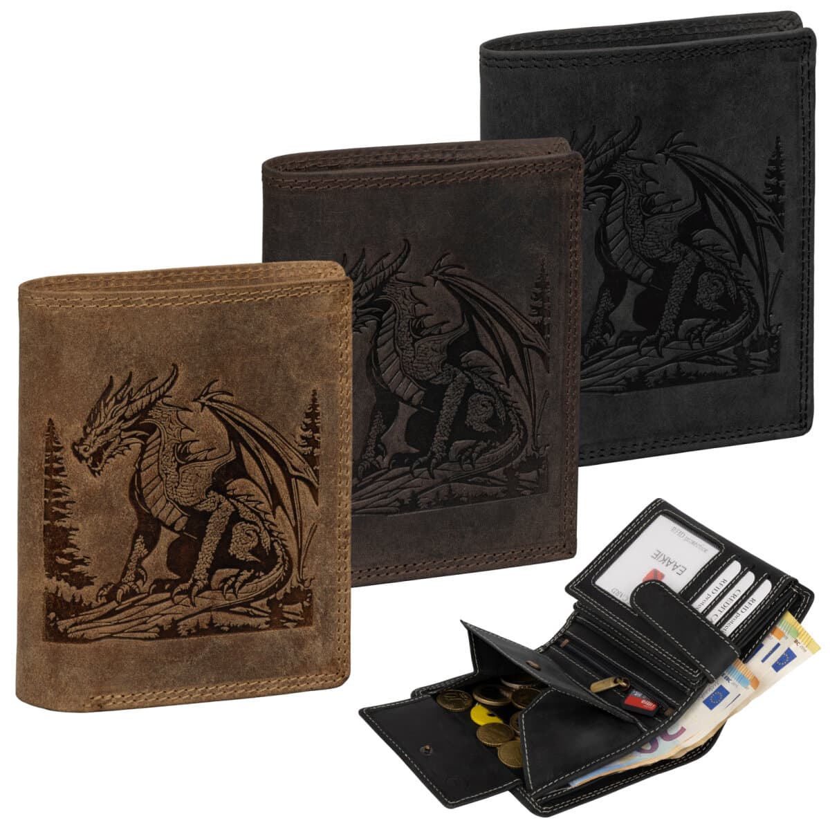 RFID Büffel Echt Leder Geldbörse Portemonnaie Herren mit geprägtem Motiv Hochformat Dragon