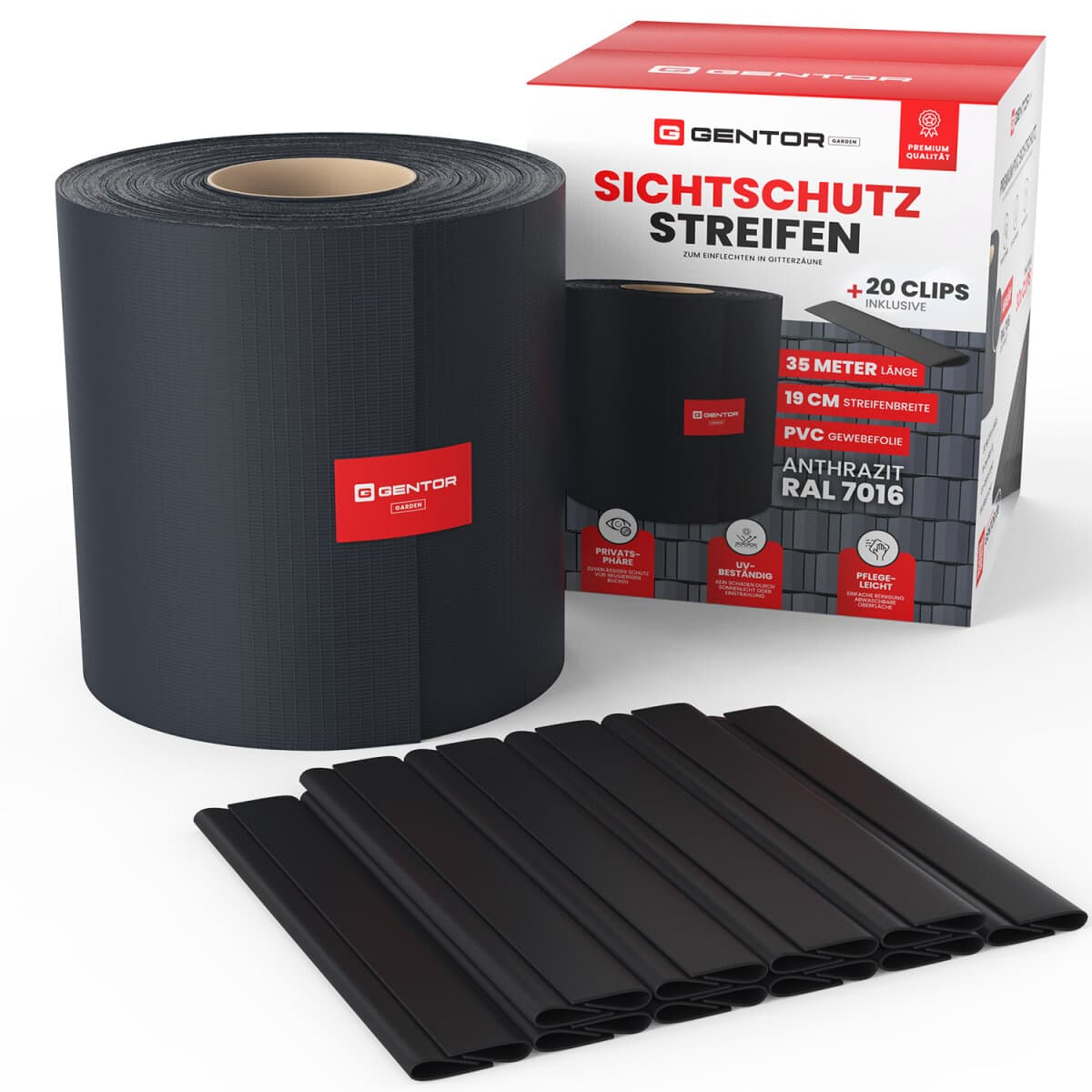 GENTOR PVC Sichtschutzstreifen Sichtschutz Windschutz Zaunblende Zaunfolie 19cm x 35m Clips Anthrazit Inkl. 20 Befestigungsclips