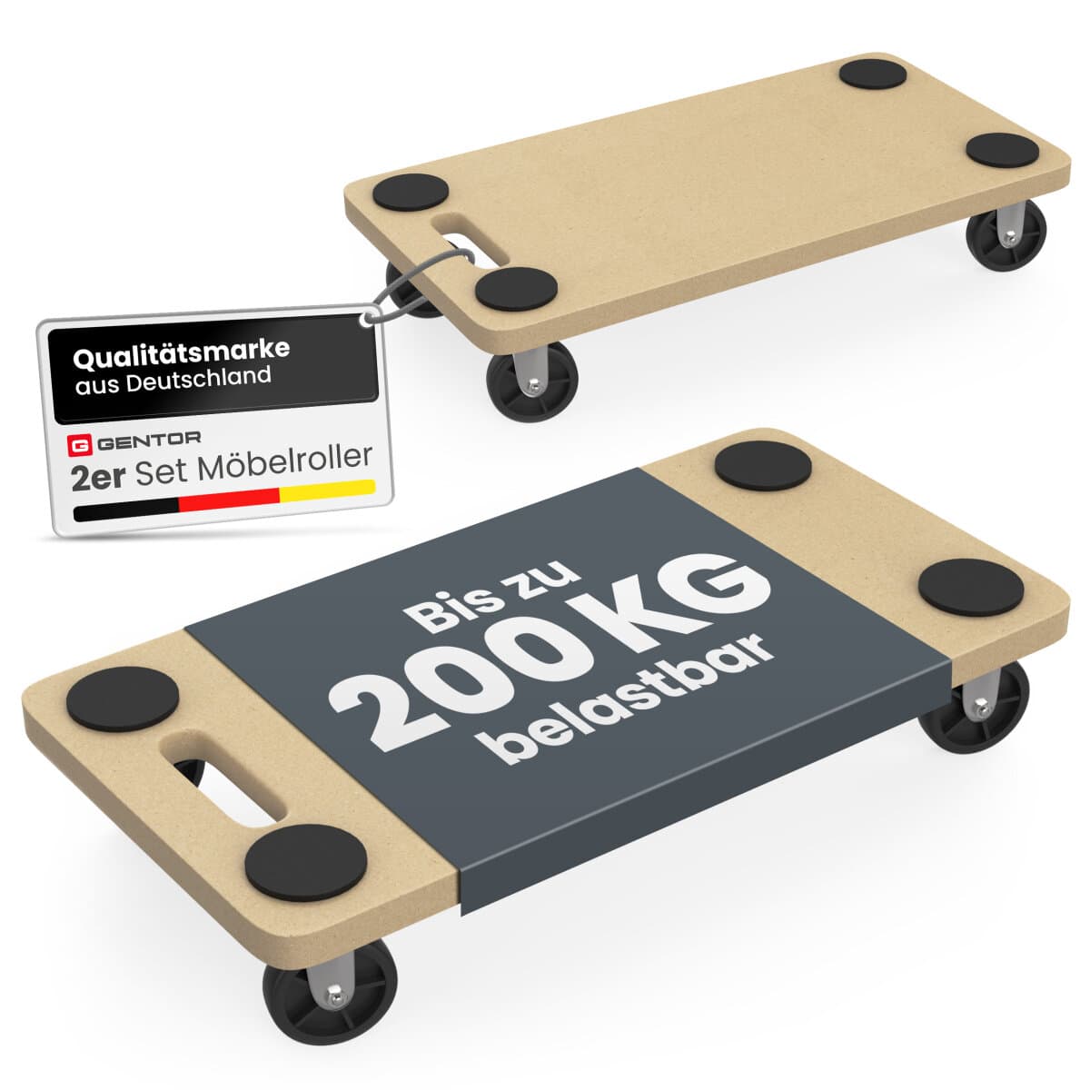 GENTOR Möbelroller 2er Set – Rollbrett & Transporthilfe bis 200 kg mit 360° Rollen & Anti-Rutsch