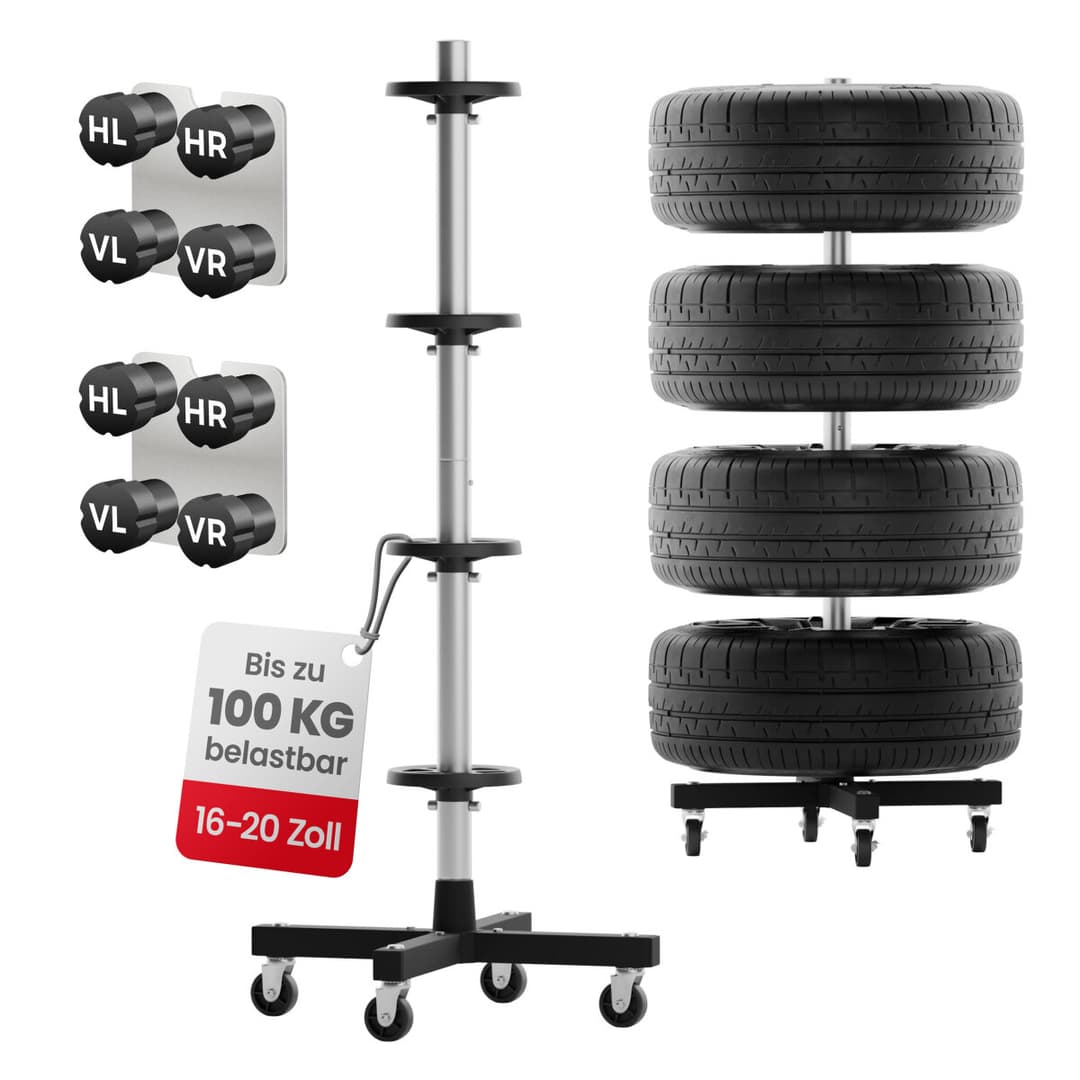 GENTOR Felgenbaum fahrbar – Reifenständer für 4 Reifen bis 225mm, belastbar 100kg, inkl. 8 Reifenmarkierer