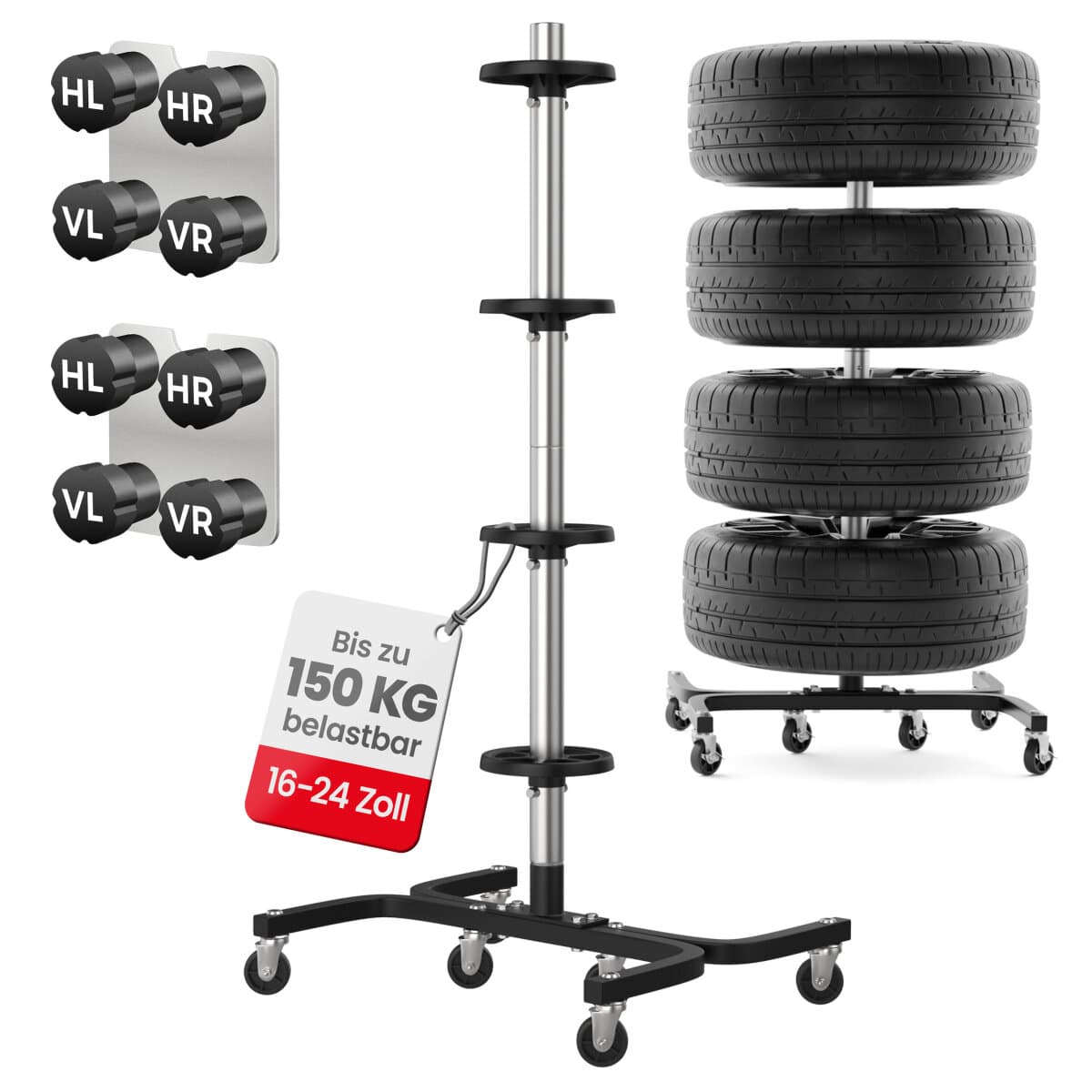 GENTOR Felgenbaum fahrbar – Reifenständer für 4 Reifen bis 295mm, belastbar 150kg, inkl. 8 Reifenmarkierer
